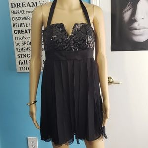 BEBE Sequin and Satin Fringe Halter Dress NYE